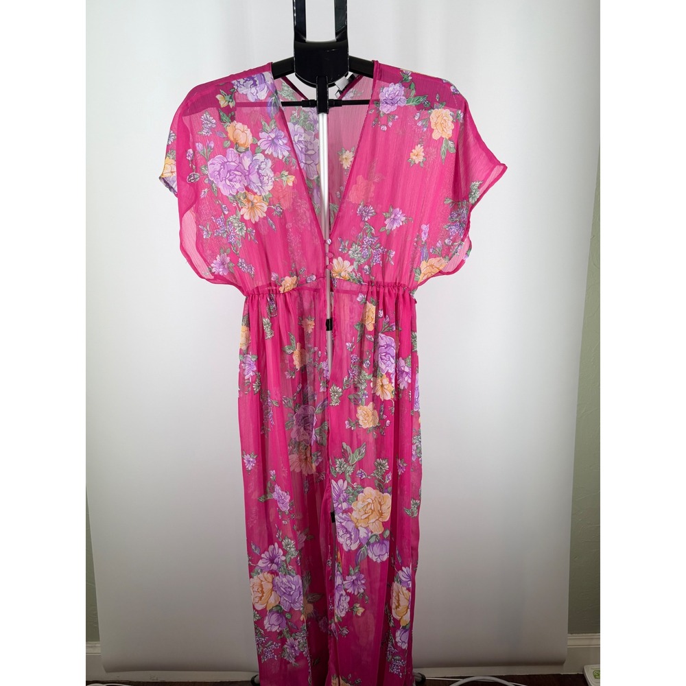 Favlux Fashion Pink Floral Chiffon Maxi Dress Sheer V-Neck Cover Up S